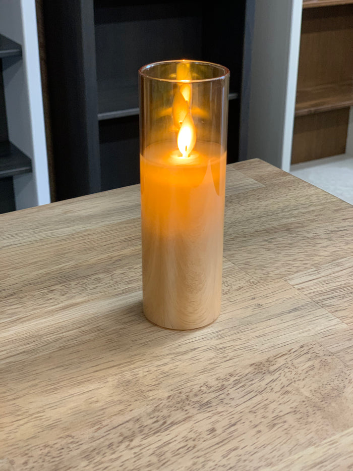 Slim Pillar Candle in Amber Glass Cylinder